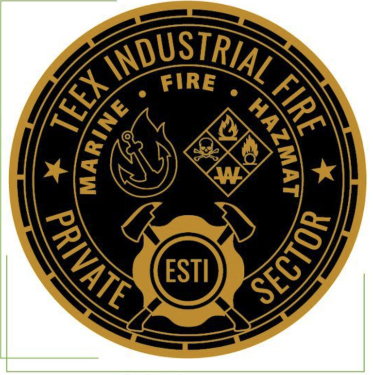 TEEX Industrial Fire challenge coin in black and gold, featuring marine, fire and hazmat emblems with the ESTI shield